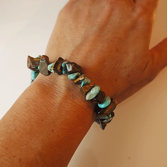 Vintage Turquoise Bracelet Blue brown nugget teardrop Sea Beach Ocean Ankle - Picture 7 of 11